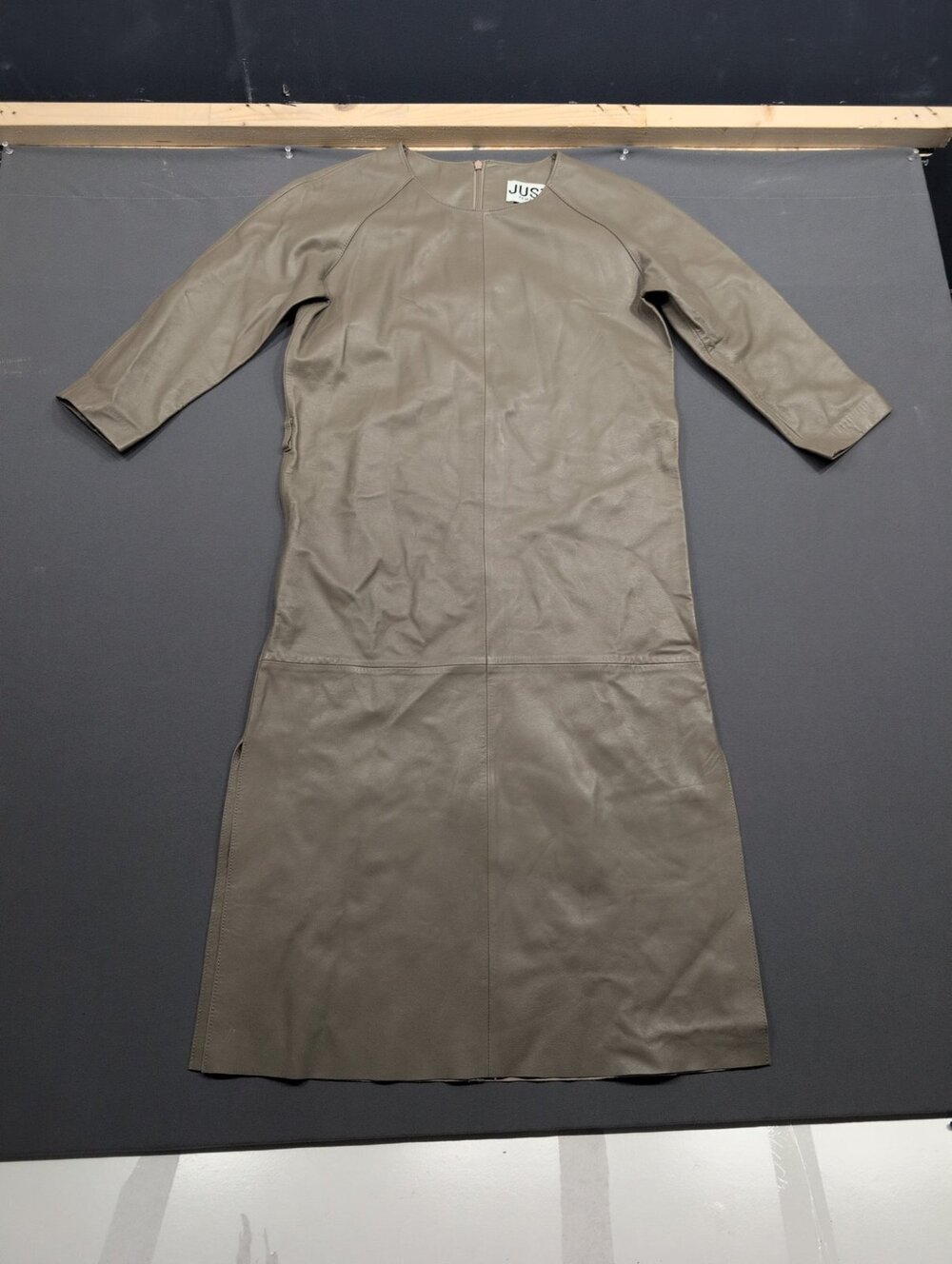 Just Female Taupe Leather Midi Dress Long Sleeve Back Zip S